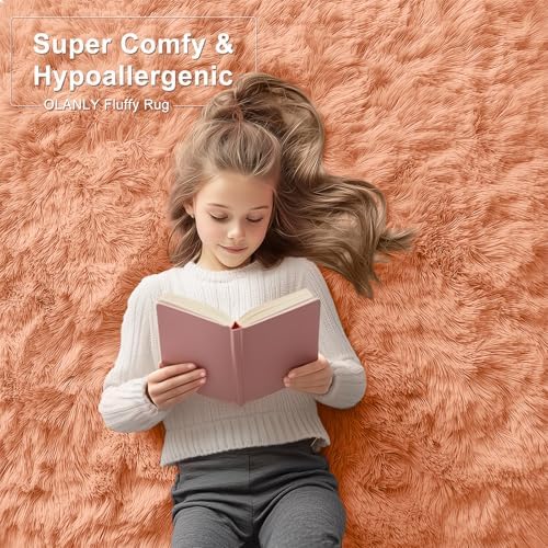 OLANLY 2x8 Machine Washable Runner Rugs for Hallway, Soft Fluffy Shaggy Bedside Rugs for Bedroom, Living Room, Indoor Floor Carpet for Kids Girls and Boys, Home Decor Aesthetic, Muted Orange