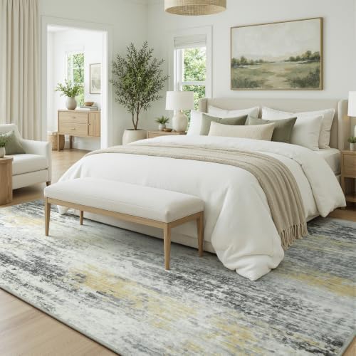 8x10 Area Rug for Living Room, Abstract Washable Non-Slip Rugs,Gold Ivory