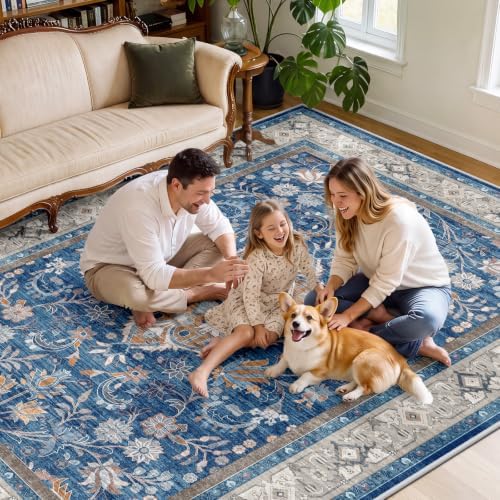 SameBed 8x10 Area Rug Living Room, Vintage Washable Carpet Blue