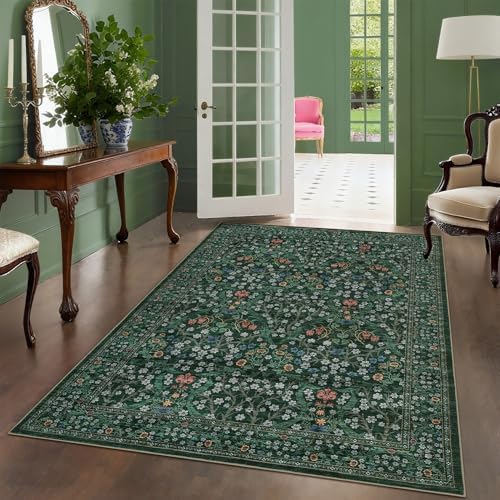GarveeHome 6x9 Washable Area Rug for Living Room, Floral Dining Room Rugs for Under Table, Low Pile Non-Slip Stain Resistance Floor Carpet for Bedroom, Dark Green