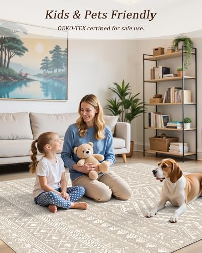 Miukiki 9x12 Area Rug for Living Room, Washable Non Slip Moroccan Rug Brown