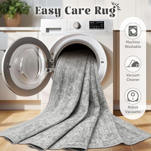 6x9 Area Rugs for Living Room: Washable Moroccan Geometric Boho Rug Farmhouse Non Slip Stain Resistant Large Rug Low Pile Soft Carpet for Bedroom Dining Room Home Office Children Room (Grey,6'x9')