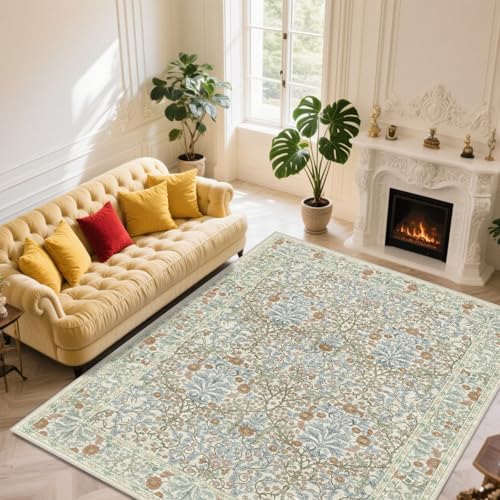 8x10 Washable Area Rugs for Living Room Soft Carpet (Beige Blue)