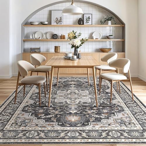 cotiled 9x12 Area Rug for Living Room, Washable, Traditional, Black