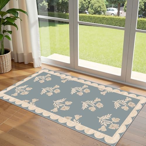 Front Door Mat Indoor Entrance - 2x4.3 Ft Floral Washable Layered Doormat Outdoor Entrance Porch Rug Non-Slip Blue Retro Farmhouse Runner Rug for Kitchen Bedroom Laundry Room Porch Decor