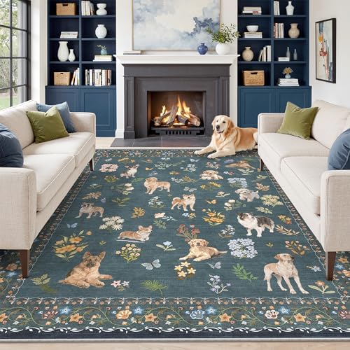 Soalmost Dog 9x12 Area Rugs for Living Room, Washable Soft Rug Navy Blue