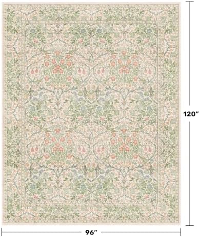 Cream Green Washable 8x10 Area Rugs for Living Room, Bedroom, Dining Room Under Table, Playroom, Stain Resistant Non-Slip Light Green Carpet with Pale Yellow and Pink Blossoms and Blue Flowers