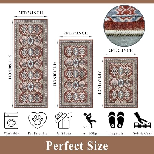 Washable Non-Slip Kitchen Rugs Set of 3 – Boho Soft Mats and Runner for Bathroom, Entryway, Hallway Room – Stain-Resistant Low-Pile Indoor Carpet (Red, 2x3+2x4+2x5)
