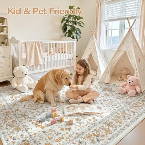 Lessymo 9x12 Floral Area Rugs for Living Room,Large Washable Carpet Beige