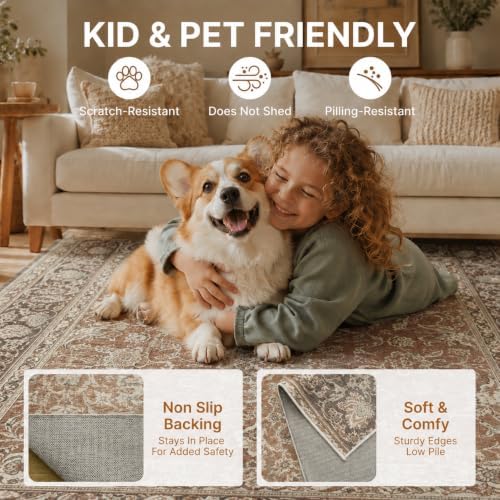 Washable 4'x6' Vintage Area Rug for Bedroom Living Room