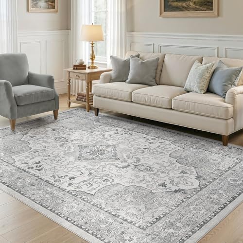 cotiled Vintage Washable Area Rug 8x10 Non Slip Rugs for Living Room Grey