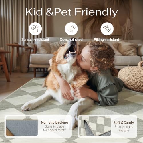 PureCozy Grey 5x7 Washable Area Rug Living Room Non Slip Checkered Carpet