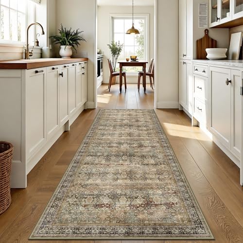 2x6 Hallway Runner Rug, Washable Vintage Retro Long Runner Rugs for Kitchen Laundry, Soft Ultra Thin Non Slip Low Pile Traditional Distressed Boho Carpet for Bedroom Bathroom, Charcoal Olive