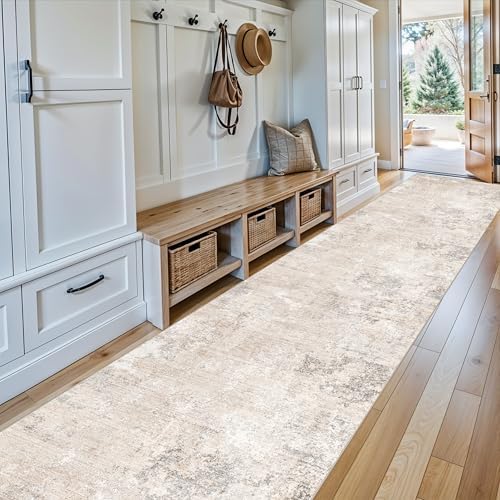 3x15 Ft Long Hallway Runner Rug – Non-Slip Washable Kitchen Floor Rug with Rubber Backing, Modern Low Pile Thin Wide Carpet Runners for Bedroom, Entryway Indoor (Beige Grey,3x15)