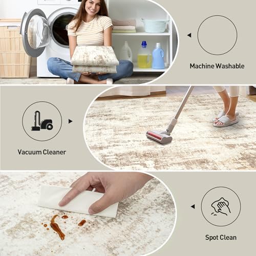 9x12 Area Rugs for Living Room: Washable Abstract Beige Grey Bedroom Carpet