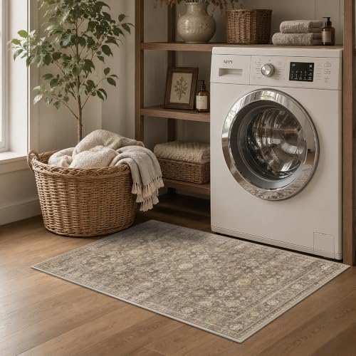 JOOJA 2x3 Neutral Tan Vintage Soft Low Pile Washable Boho Entryway Rug