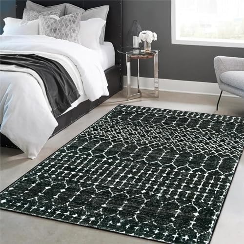 Lahome Moroccan Black Area Rug for Living Room 3x5 Non-Slip Washable Stain Resistant Large Kitchen Rugs Throw Low-Profile Soft Bedroom Carpet Geometric Print Rug for Entryway Dining Room Hana