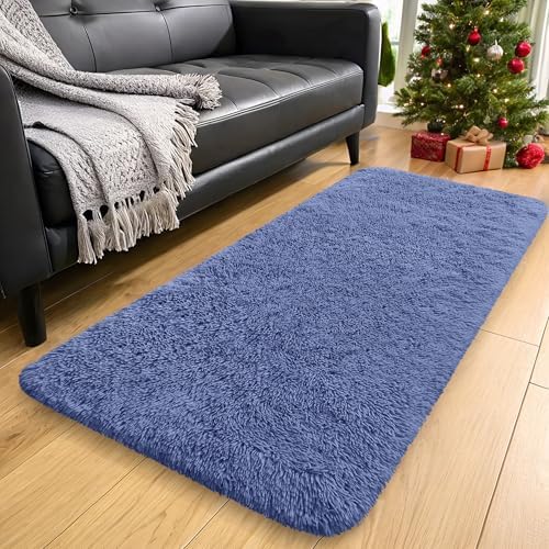 OLANLY 2x8 Machine Washable Runner Rugs for Hallway, Soft Fluffy Shaggy Bedside Rugs for Bedroom, Living Room, Indoor Floor Carpet for Kids Girls and Boys, Home Decor Aesthetic, Denim Blue