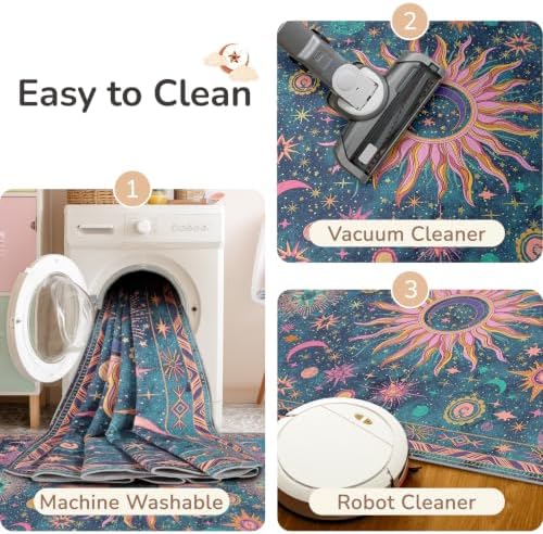 Vacuum-Friendly, 8x10 Washable Area Rug, Navy Purple Pink Teal