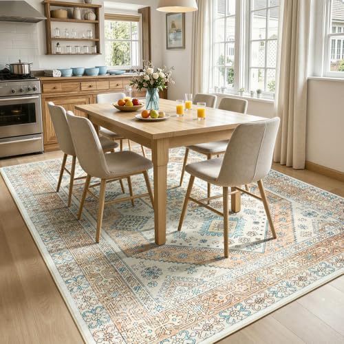 Lofus Living Room Rugs 5x7, Boho Orange and Beige Washable Carpet