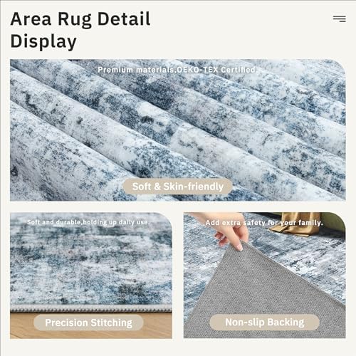 Soalmost Round Rugs 9ft Living Room Circle Area Rug 9x9 Blue/Grey Vintage