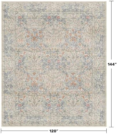 Vintage Washable Beige Blue 10x12 Rug for Living Room - Extra Large Area Rug for Dining Room Under Table, Bedroom - Botanical Floral Design with Purple Accent, Non-Slip Lightweight Soft Low Pile
