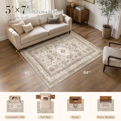cotiled 5x7 Area Rug for Living Room, Washable, Traditional, Beige