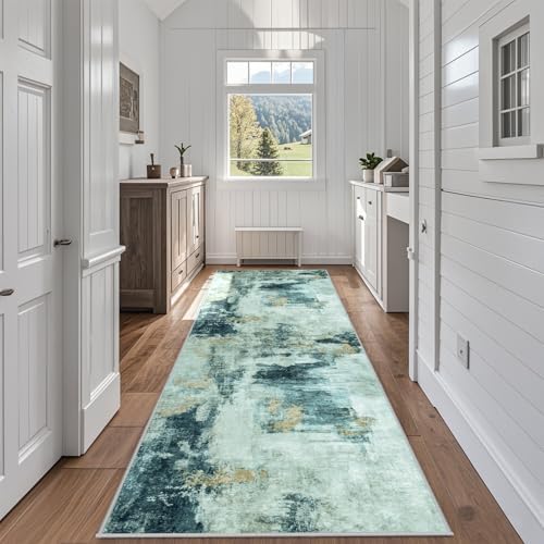 Runner Rugs for Hallways Kitchen 2.6x8 Non Slip Washable Teal Grey Gold