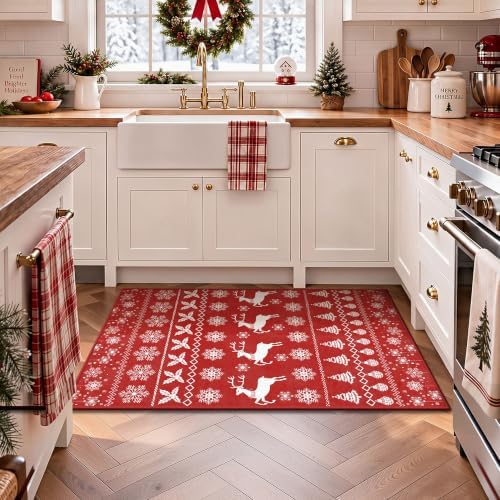 2x3 Christmas Holiday Area Rug, Washable Non‑Slip Low‑Pile Xmas Small Rug for Entryway Foyer Hallway Kitchen, Winter Indoor Christmas Home Decor(Red Sweater Deer)