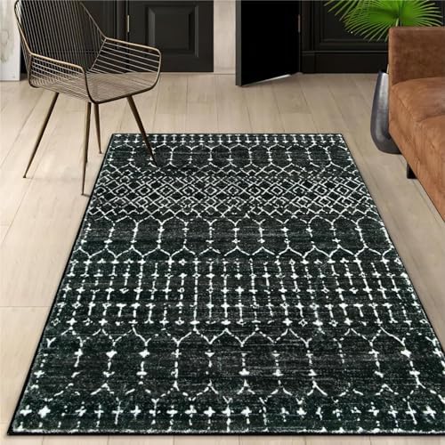 Lahome Moroccan Black Rug for Living Room Washable Area Rug 5x7 Non-Slip Ultra-Thin Soft Bedroom Rugs Large Stain Resistant Dining Room Rugs, Geometric Print Modren Carpet Rug for Office Entryway Hana