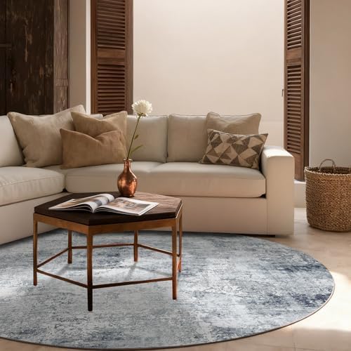4ft Round Bedroom Rug Washable: Circle Rugs for Living Room Boho Vintage Non Slip Low Pile Soft Faux Wool Non Shedding Small Carpet for Kitchen Entryway Bathroom Bedside Office Dorm Kids Room Entrance