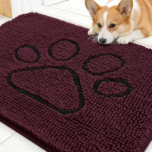 OLANLY Dog Door Mat for Muddy Paws 30x20, Paw Print Design Chenille Mud Mat