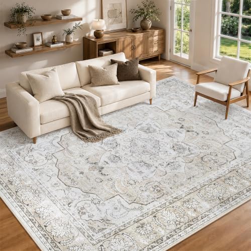 8x10 Washable Area Rugs for Living Room Beige White Non-Slip Rug