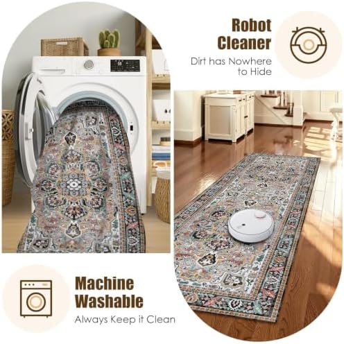 Washable Area Rug 2'6'' x 8' Vintage Traditional Persian Mat - Foldable Distressed Non-Slip Machine Washable Carpet for Living Room Bedroom Kitchen Home Decor - Slate and Multicolor