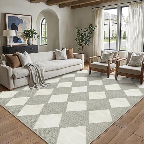 PureCozy Grey 5x7 Washable Area Rug Living Room Non Slip Checkered Carpet