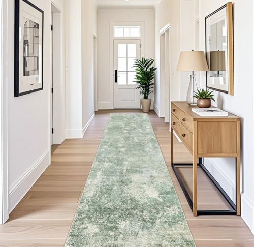 3x20 ft Extra Long Hallway Runner Rug - Non-Slip Washable Floor Runner with Rubber Backing, Modern Low Pile Thin Wide Carpet for Entryway, Kitchen, Living Room（Sage Green, 3x20）