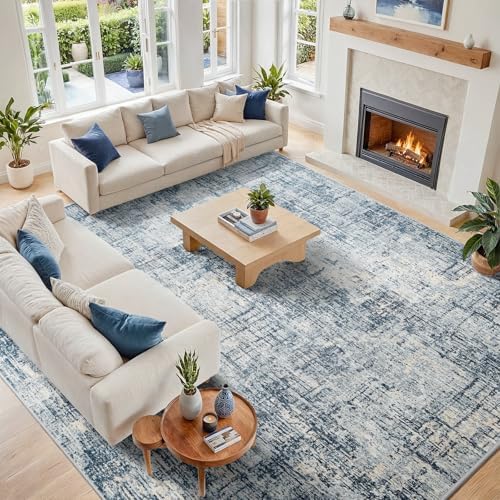 10x14 Washable Area Rug for Living Room Bedroom: Non-Slip Modern Blue Gold