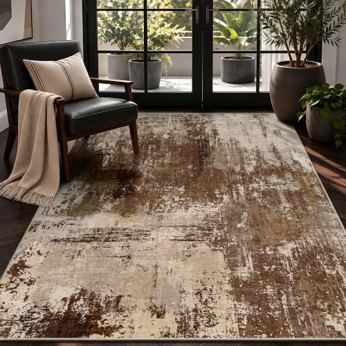 3x5 Rugs for Entryway - Modern Abstract Washable Rug, Ultra Soft Non Slip Low Pile Small Rug, Floor Carpet for Foyer Hallway Kitchen Laundry Bedroom Home(A‑Brown)