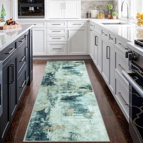 Runner Rugs for Hallways Kitchen 2.6x8 Non Slip Washable Teal Grey Gold