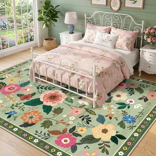 RELEANY Floral Washable 9x12 Area Rugs LightGreen