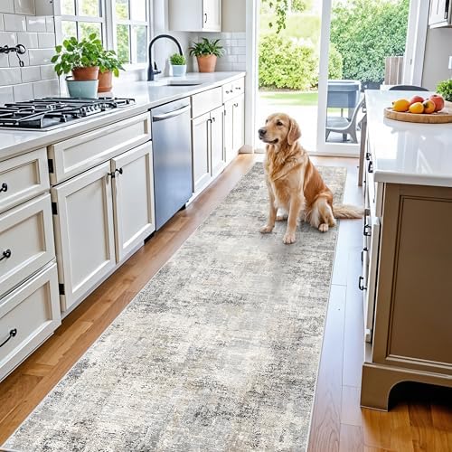 3x10 ft Long Hallway Runner Rug – Non-Slip Washable Kitchen Floor Rug with Rubber Backing, Modern Low Pile Thin Wide Carpet Runners for Bedroom, Entryway Indoor（Gray Beige,3x10）