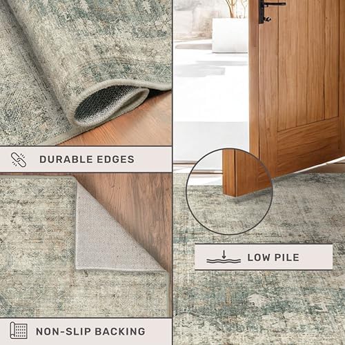 Washable Kitchen Runner Rug 2x6, Green and Brown Low Pile Soft Rugs for Bedroom Beside Bed, Runner Carpets for Hallway Non Slip, Entryway, Bathroom, Vintage Medallion Abstract Décor, Distressed Design