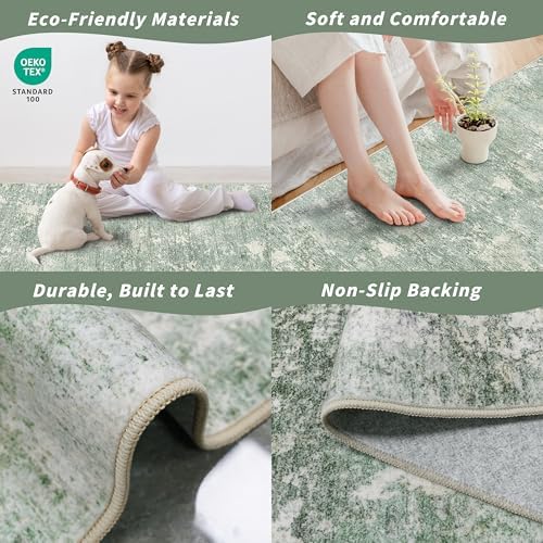 4x8 Washable Indoor Entryway Rug Non-Slip Rubber Backed Floor Mat for Kitchen, Hallway, Bedroom Modern Abstract Low-Pile Thin Wide Carpet Runner for Bathroom, Living Room, Office (Sage Green, 4x8)