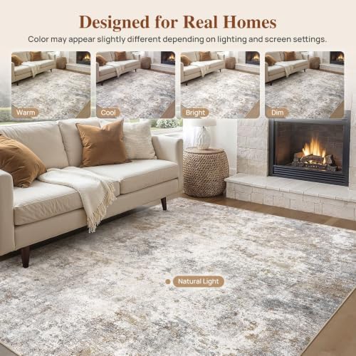 UERMEI 6x9 Area Rug Living Room Rugs - Washable Neutral Modern Abstract Soft Thin Large Rug Indoor Floor No Slip Rug Carpet for Bedroom Under Dining Table Home Office Decor - Brown Grey