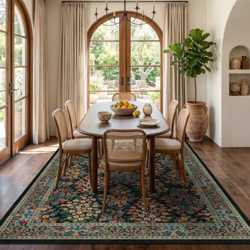 6x9 Area Rugs, Washable Floral Area Rugs for Living Room, Indoor Area Rug for Bedroom, Dining Room, Low Pile Non-Slip Non Shedding Rug(Black Floral)