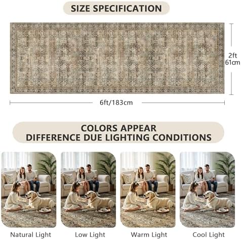 2x6 Hallway Runner Rug, Washable Vintage Retro Long Runner Rugs for Kitchen Laundry, Soft Ultra Thin Non Slip Low Pile Traditional Distressed Boho Carpet for Bedroom Bathroom, Charcoal Olive