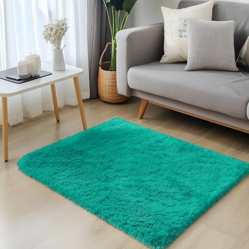 OLANLY 3x5 Machine Washable Small Bedside Rug, Soft Fluffy Shaggy Rugs for Living Room, Bedroom, Indoor Floor Carpet for Kids Girls and Boys, Preppy Dorms, Nursery, Home Decor Aesthetic, Teal Green