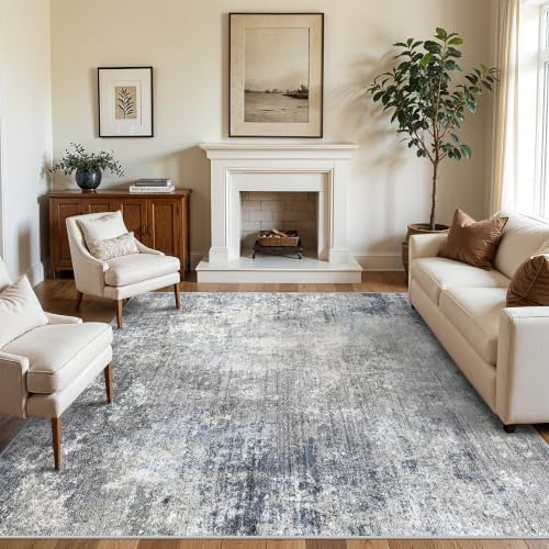 8x8 ft Square Living Room Rug - Washable Modern Neutral Abstract Area Rug for Bedroom, Dining Room, Kitchen Non-Slip Soft Low-Pile Indoor Floor Carpet (Blue Grey, 8x8)