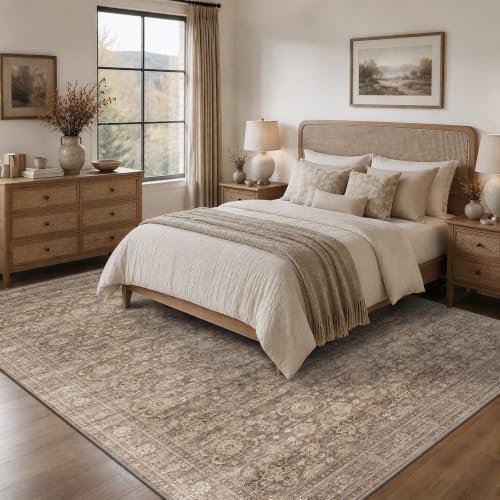 JOOJA 9x12 Neutral Tan Vintage Floral Non Slip Washable Boho Retro Area Rug