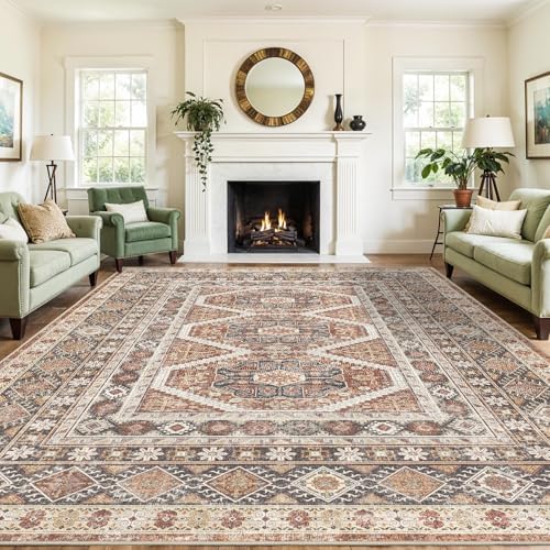 12x15 Area Rug Washable Vintage: Non Slip Living Room Large Rugs Brick